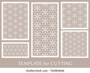 Decorative panels set for laser cutting. Geometric ornament for wedding invitation, envelope, greeting or business cards, Template for paper cut, printing, engraving wood, metal. Stencil manufacturing