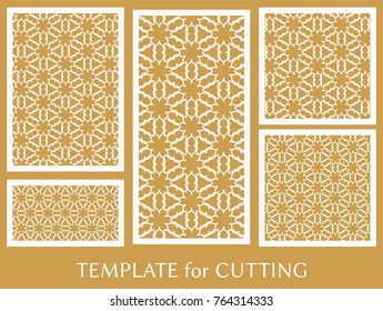 Decorative panels set for laser cutting. Geometric ornament for wedding invitation, envelope, greeting or business cards, Template for paper cut, printing, engraving wood, metal. Stencil manufacturing