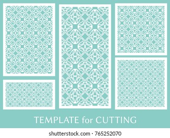 Decorative panels set for laser cutting. Geometric ornament for wedding invitation, envelope, greeting or business cards, Template for paper cut, printing, engraving wood, metal. Stencil manufacturing
