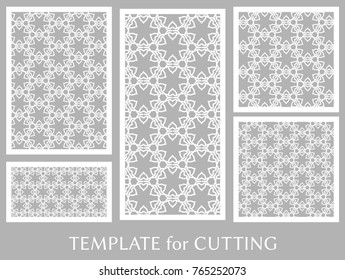 Decorative panels set for laser cutting. Geometric ornament for wedding invitation, envelope, greeting or business cards, Template for paper cut, printing, engraving wood, metal. Stencil manufacturing