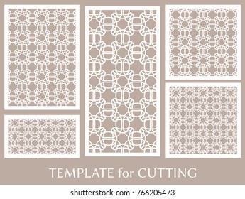 Decorative panels set for laser cutting. Geometric ornament for wedding invitation, envelope, greeting or business cards, Template for paper cut, printing, engraving wood, metal. Stencil manufacturing