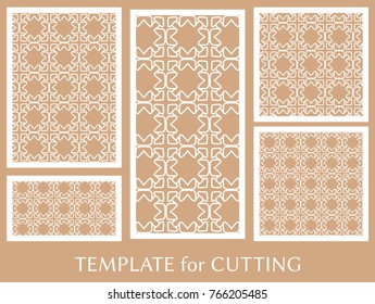 Decorative panels set for laser cutting. Geometric ornament for wedding invitation, envelope, greeting or business cards, Template for paper cut, printing, engraving wood, metal. Stencil manufacturing