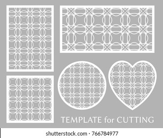 Decorative panels set for laser cutting. Geometric round ornament and heart element for wedding invitation, envelope, greeting card. Template for paper cut, printing. Stencil manufacturing