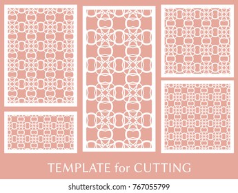 Decorative panels set for laser cutting. Geometric ornament for wedding invitation, envelope, greeting or business cards, Template for paper cut, printing, engraving wood, metal. Stencil manufacturing