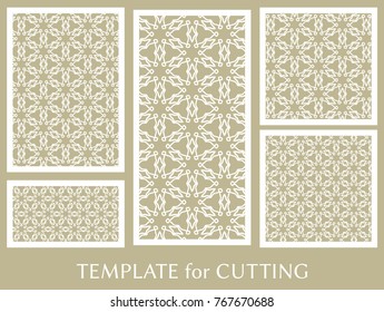 Decorative panels set for laser cutting. Geometric ornament for wedding invitation, envelope, greeting or business cards, Template for paper cut, printing, engraving wood, metal. Stencil manufacturing