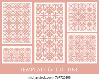 Decorative panels set for laser cutting. Geometric ornament for wedding invitation, envelope, greeting or business cards, Template for paper cut, printing, engraving wood, metal. Stencil manufacturing