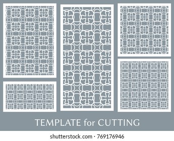 Decorative panels set for laser cutting. Geometric ornament for wedding invitation, envelope, greeting or business cards, Template for paper cut, printing, engraving wood, metal. Stencil manufacturing