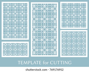 Decorative panels set for laser cutting. Geometric ornament for wedding invitation, envelope, greeting or business cards, Template for paper cut, printing, engraving wood, metal. Stencil manufacturing