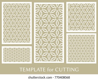 Decorative panels set for laser cutting. Geometric ornament for wedding invitation, envelope, greeting or business cards, Template for paper cut, printing, engraving wood, metal. Stencil manufacturing