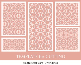 Decorative panels set for laser cutting. Geometric ornament for wedding invitation, envelope, greeting or business cards, Template for paper cut, printing, engraving wood, metal. Stencil manufacturing
