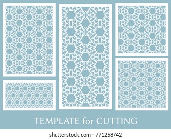Decorative panels set for laser cutting. Geometric ornament for wedding invitation, envelope, greeting or business cards, Template for paper cut, printing, engraving wood, metal. Stencil manufacturing