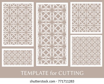 Decorative panels set for laser cutting. Geometric ornament for wedding invitation, envelope, greeting or business cards, Template for paper cut, printing, engraving wood, metal. Stencil manufacturing
