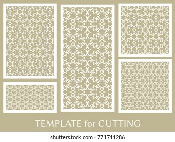 Decorative panels set for laser cutting. Geometric ornament for wedding invitation, envelope, greeting or business cards, Template for paper cut, printing, engraving wood, metal. Stencil manufacturing