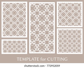 Decorative panels set for laser cutting. Geometric ornament for wedding invitation, envelope, greeting or business cards, Template for paper cut, printing, engraving wood, metal. Stencil manufacturing