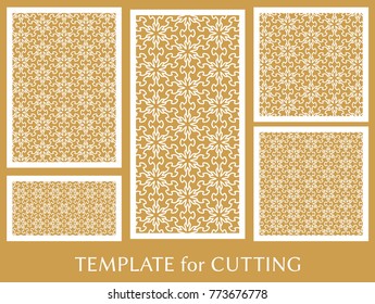 Decorative panels set for laser cutting. Geometric ornament for wedding invitation, envelope, greeting or business cards, Template for paper cut, printing, engraving wood, metal. Stencil manufacturing