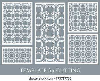 Decorative panels set for laser cutting. Geometric ornament for wedding invitation, envelope, greeting or business cards, Template for paper cut, printing, engraving wood, metal. Stencil manufacturing