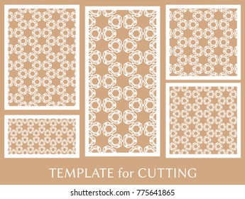 Decorative panels set for laser cutting. Geometric ornament for wedding invitation, envelope, greeting or business cards, Template for paper cut, printing, engraving wood, metal. Stencil manufacturing