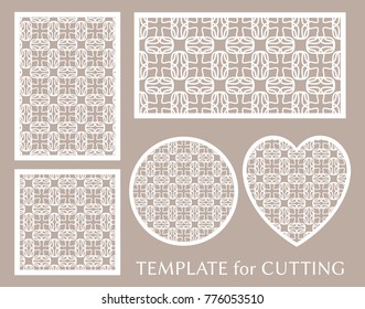 Decorative panels set for laser cutting. Geometric round ornament and heart element for wedding invitation, envelope, greeting card. Template for paper cut, printing. Stencil manufacturing