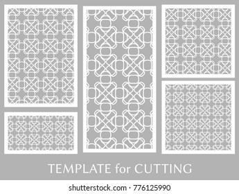 Decorative panels set for laser cutting. Geometric ornament for wedding invitation, envelope, greeting or business cards, Template for paper cut, printing, engraving wood, metal. Stencil manufacturing