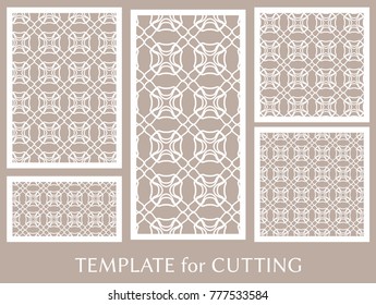 Decorative panels set for laser cutting. Geometric ornament for wedding invitation, envelope, greeting or business cards, Template for paper cut, printing, engraving wood, metal. Stencil manufacturing