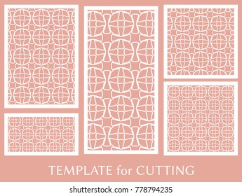 Decorative panels set for laser cutting. Geometric ornament for wedding invitation, envelope, greeting or business cards, Template for paper cut, printing, engraving wood, metal. Stencil manufacturing