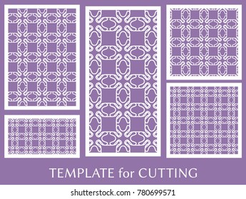 Decorative panels set for laser cutting. Geometric ornament for wedding invitation, envelope, greeting or business cards, Template for paper cut, printing, engraving wood, metal. Stencil manufacturing