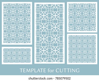 Decorative panels set for laser cutting. Geometric ornament for wedding invitation, envelope, greeting or business cards, Template for paper cut, printing, engraving wood, metal. Stencil manufacturing