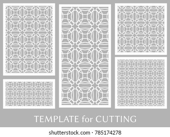 Decorative panels set for laser cutting. Geometric ornament for wedding invitation, envelope, greeting or business cards, Template for paper cut, printing, engraving wood, metal. Stencil manufacturing