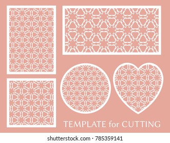 Decorative panels set for laser cutting. Geometric round ornament and heart element for wedding invitation, envelope, greeting card. Template for paper cut, printing. Stencil manufacturing