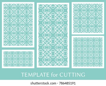 Decorative panels set for laser cutting. Geometric ornament for wedding invitation, envelope, greeting or business cards, Template for paper cut, printing, engraving wood, metal. Stencil manufacturing