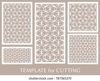 Decorative panels set for laser cutting. Geometric ornament for wedding invitation, envelope, greeting or business cards, Template for paper cut, printing, engraving wood, metal. Stencil manufacturing
