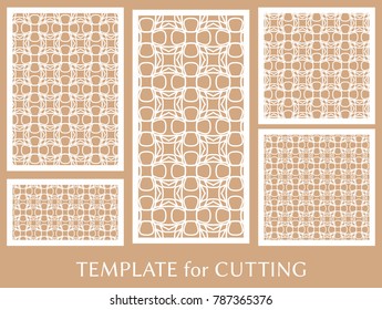 Decorative panels set for laser cutting. Geometric ornament for wedding invitation, envelope, greeting or business cards, Template for paper cut, printing, engraving wood, metal. Stencil manufacturing