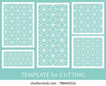 Decorative panels set for laser cutting. Geometric ornament for wedding invitation, envelope, greeting or business cards, Template for paper cut, printing, engraving wood, metal. Stencil manufacturing