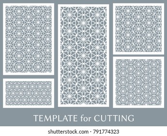 Decorative panels set for laser cutting. Geometric ornament for wedding invitation, envelope, greeting or business cards, Template for paper cut, printing, engraving wood, metal. Stencil manufacturing