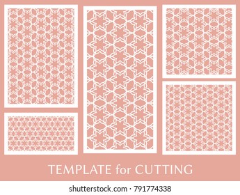 Decorative panels set for laser cutting. Geometric ornament for wedding invitation, envelope, greeting or business cards, Template for paper cut, printing, engraving wood, metal. Stencil manufacturing