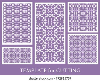 Decorative panels set for laser cutting. Geometric ornament for wedding invitation, envelope, greeting or business cards, Template for paper cut, printing, engraving wood, metal. Stencil manufacturing