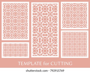 Decorative panels set for laser cutting. Geometric ornament for wedding invitation, envelope, greeting or business cards, Template for paper cut, printing, engraving wood, metal. Stencil manufacturing