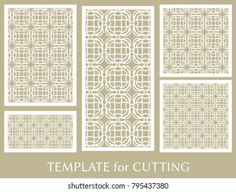 Decorative panels set for laser cutting. Geometric ornament for wedding invitation, envelope, greeting or business cards, Template for paper cut, printing, engraving wood, metal. Stencil manufacturing
