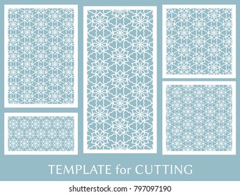 Decorative panels set for laser cutting. Geometric ornament for wedding invitation, envelope, greeting or business cards, Template for paper cut, printing, engraving wood, metal. Stencil manufacturing