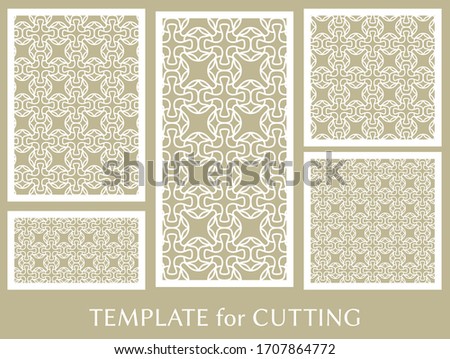 Decorative panels set for laser cutting. Geometric ornament for wedding invitation, envelope, greeting or business cards, Template for paper cut, printing, engraving wood, metal. Stencil manufacturing