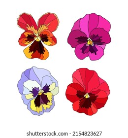 Decorative pansy, viola flowers set, design elements. Can be used for cards, invitations, banners, posters, print design. Floral background in line art style