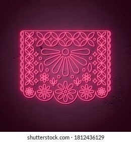 Decorative Papel picado card in neon style. Traditional mexican decoration for holidays. Vector illustration.