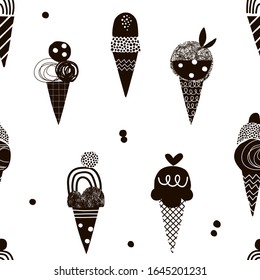 Decorative Paper Cut Doodle Textured Ice Cream Vector Seamless Pattern. Childish Scandinavian Black White Dessert In Waffle Cone With Squiggle, Zigzag, Line, Dot Texture Background. Summer Kid Design.