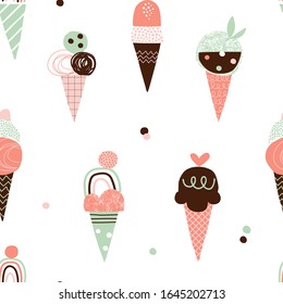 Decorative Paper Cut Doodle Textured Ice Cream Vector Seamless Pattern. Childish Scandinavian Dessert In Waffle Cone With Squiggle, Zigzag, Line, Dot Texture Background. Summer Kid Design.