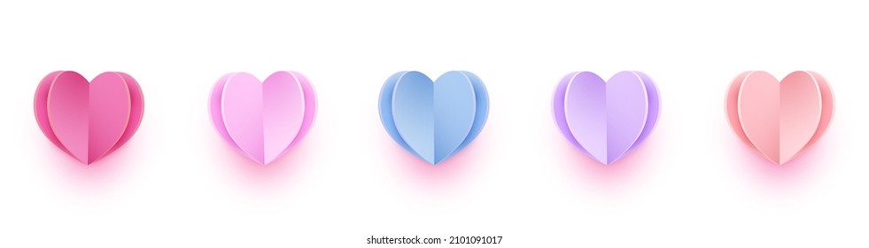 Decorative paper cut hearts in different colors. Design elements for for Happy Women's, Mother's, Valentine's Day, wedding, birthday and greeting card. 
