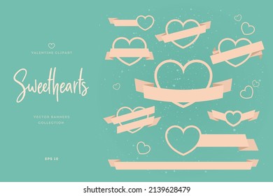 Decorative paper cut hearts on blue background. Cute design elements for Valentine cards, holiday, wedding, birthday party. Isolated vector. Love banner template