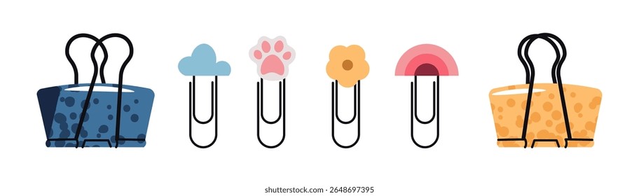 Decorative Paperclips Set in Flat Style.Paw, Cloud, Flower, Rainbow and Clips on White Background. Cute Office and School Supplies for Planners, Journals. Ideal for Stationery Branding, Social Media
