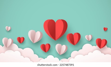 Decorative papercut flying hearts with clouds on pastel colors. Creative vector design for Women's, Mother's, Valentine's Day and Birthday greeting card