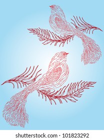 Decorative paradise birds on pink background