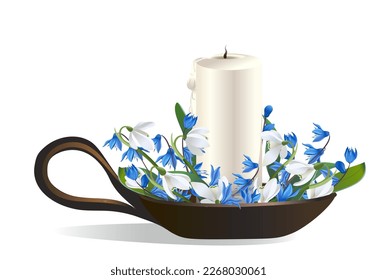 Decorative paraffin candle in a candlestick with blue and white flowers, an element of festive and wedding celebrations